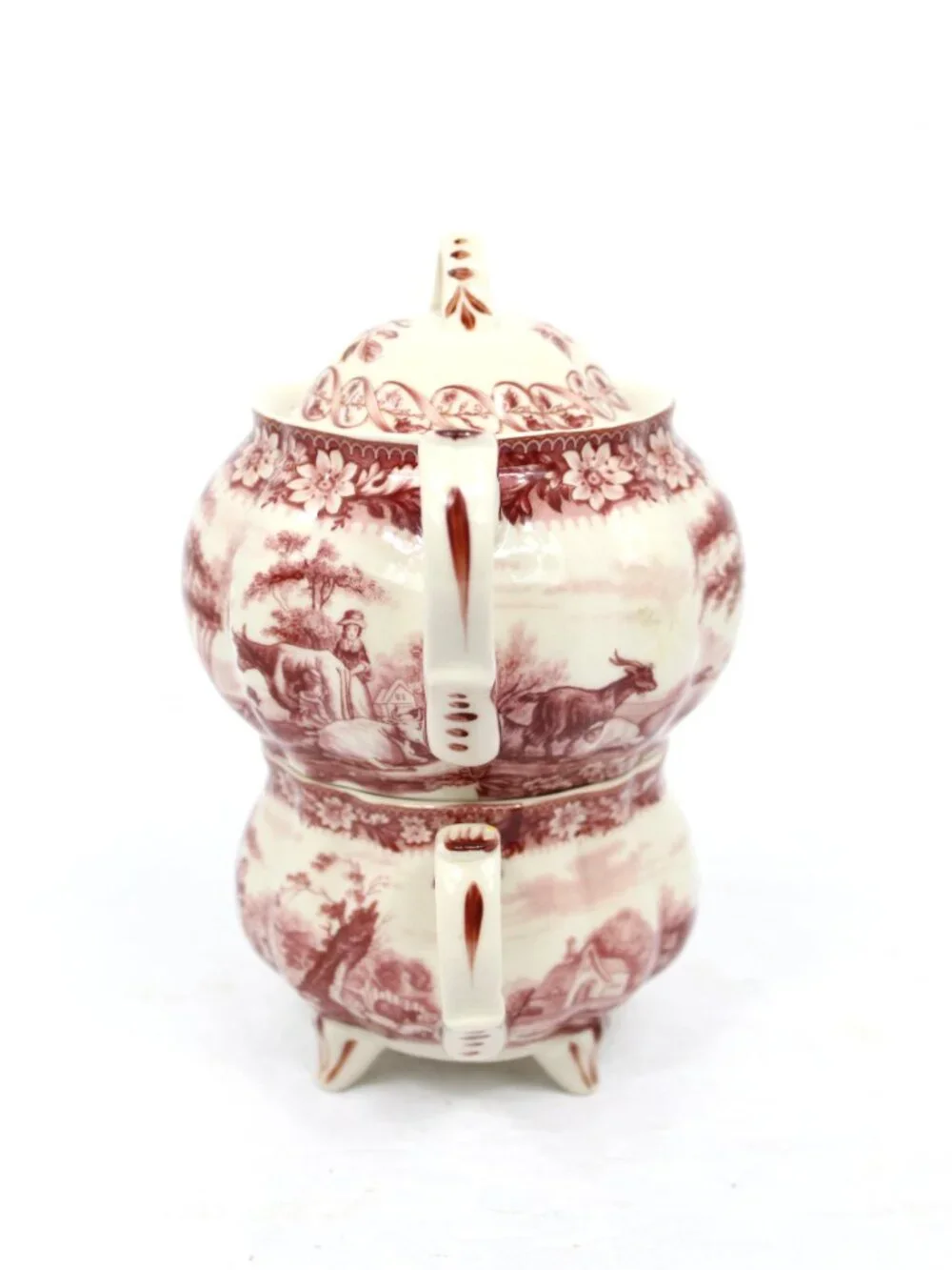 PORCELAIN RED TRANSFERWARE ANTIQUE REPRODUCTION STACKED TEA POT\DOUBLE STACK CUP